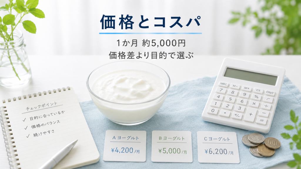 血糖値対策ヨーグルトの価格とコスパを比較し、1か月あたりの費用目安を示した画像