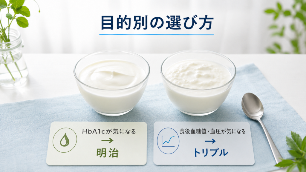 HbA1cが気になる人は明治、食後血糖値や血圧が気になる人はトリプルを選ぶ目安を示した画像