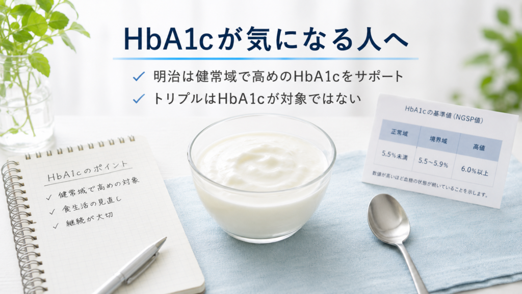 HbA1cが気になる人向けに、明治は健常域で高めのHbA1cをサポートし、トリプルはHbA1cが対象ではないことを示した画像
