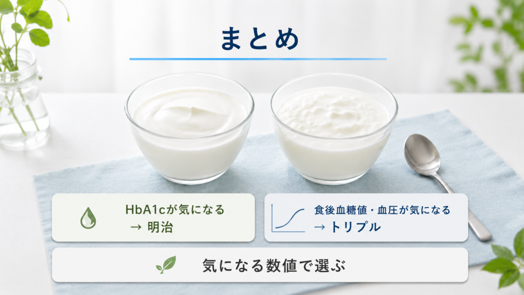 HbA1cが気になる人は明治、食後血糖値や血圧が気になる人はトリプルと選び方をまとめた画像