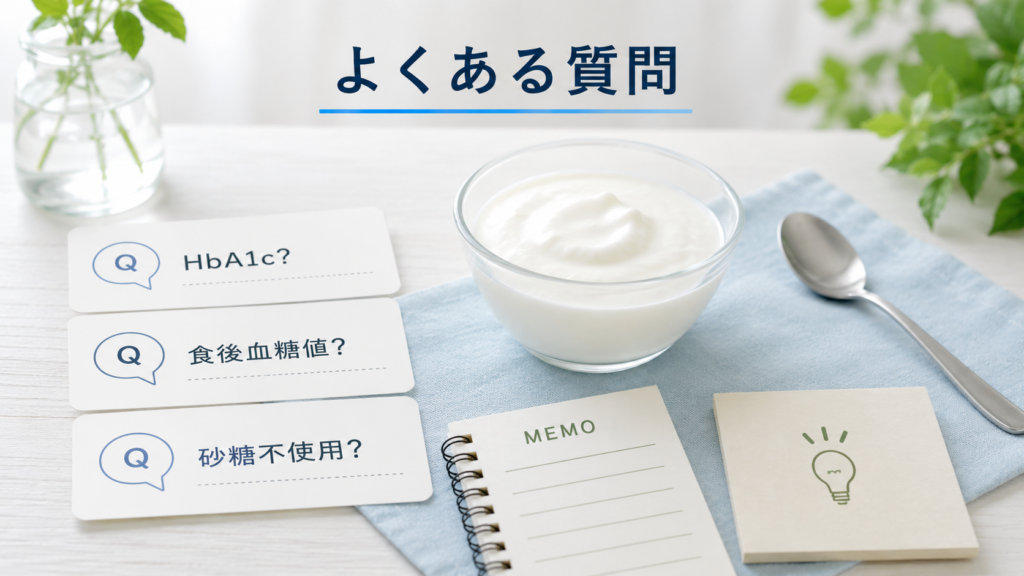 HbA1c、食後血糖値、砂糖不使用など、血糖値対策ヨーグルトに関するよくある質問をまとめた画像