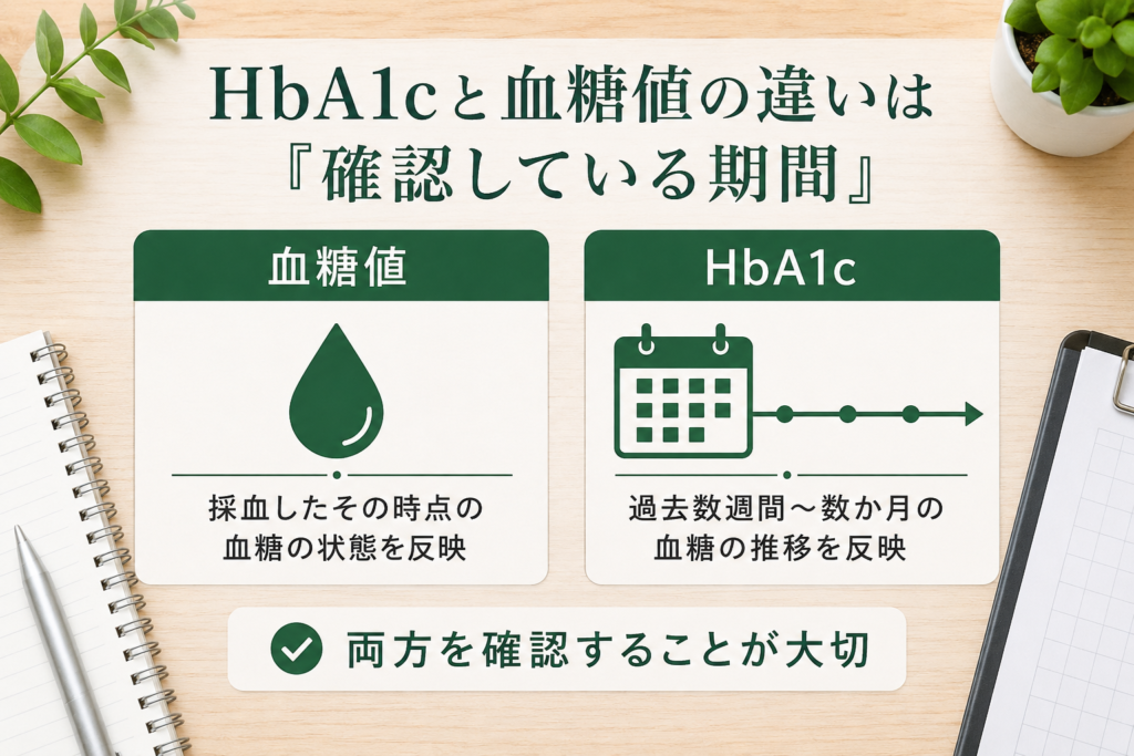採血時点の状態を示す血糖値と過去の血糖傾向を反映するHbA1cの違い