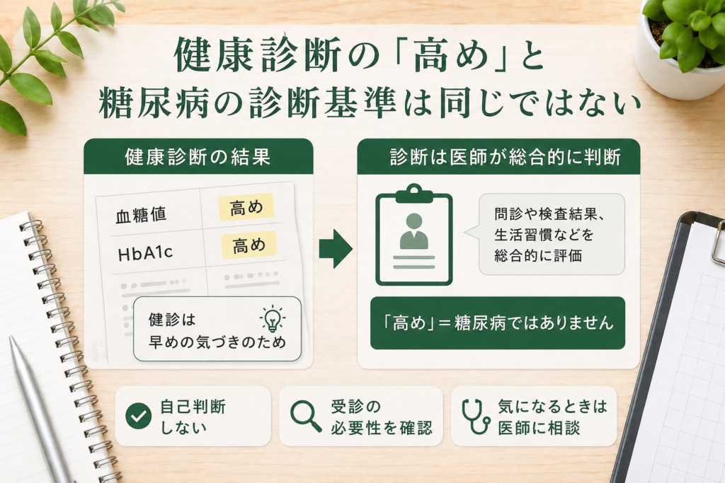 健康診断で高めと判定されても糖尿病の診断とは限らないことを示すイメージ