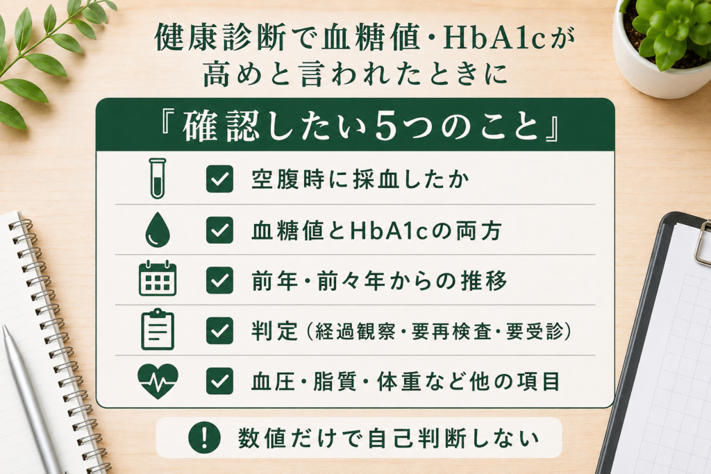 血糖値やHbA1cが高めだったときに採血条件や過去の推移などを確認するチェックリスト