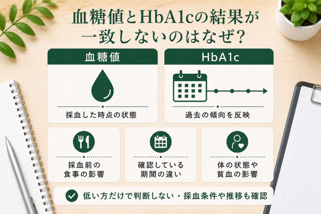 血糖値とHbA1cで結果が異なる理由を採血条件や確認期間の違いで示すイメージ