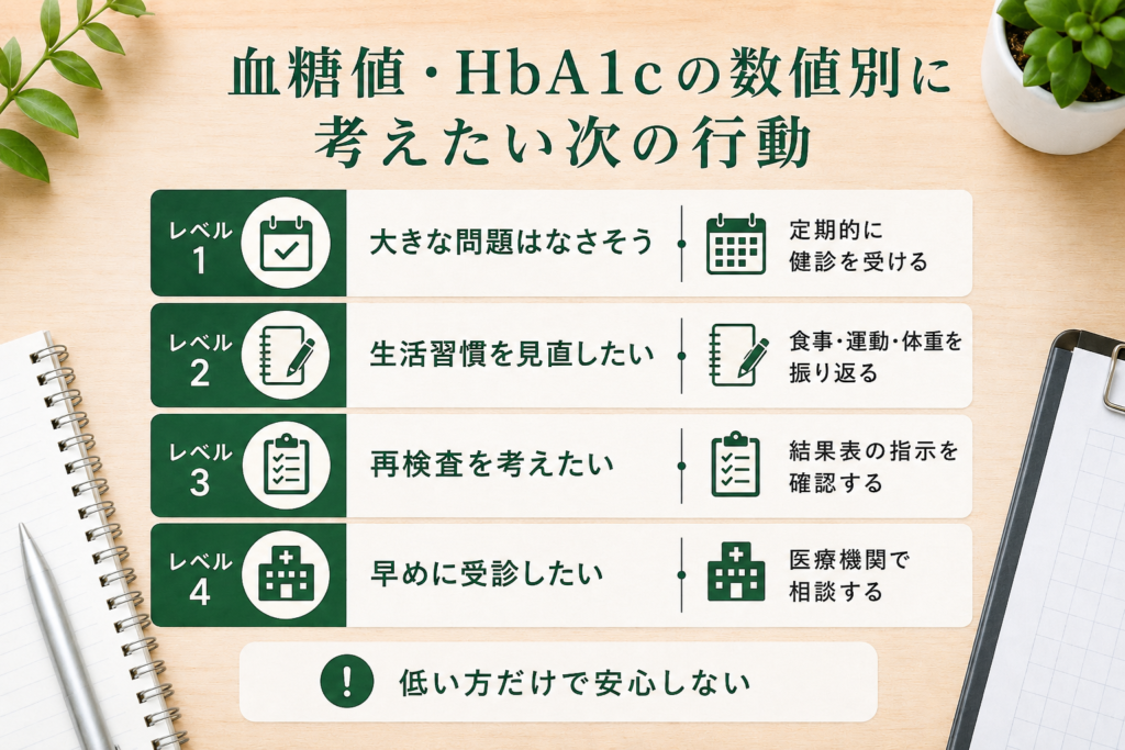 血糖値やHbA1cの結果に応じて健診継続や生活習慣の見直し、受診を考える行動イメージ