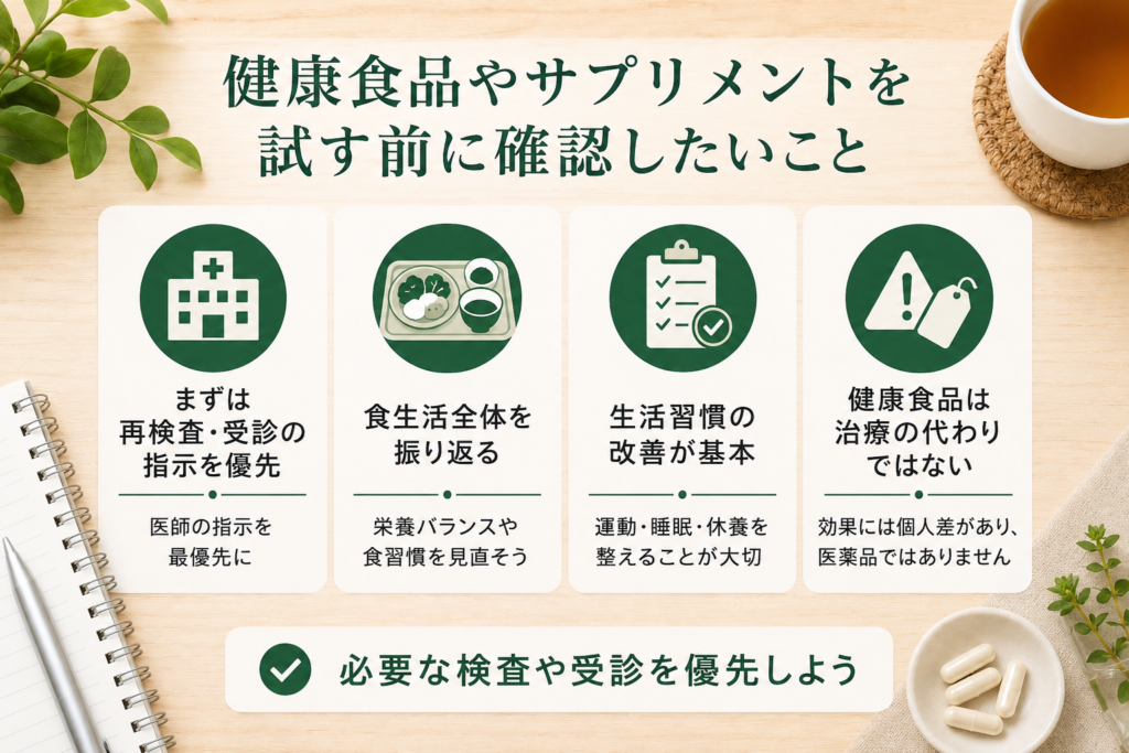 健康食品やサプリメントを試す前に再検査や受診、生活習慣を確認するイメージ