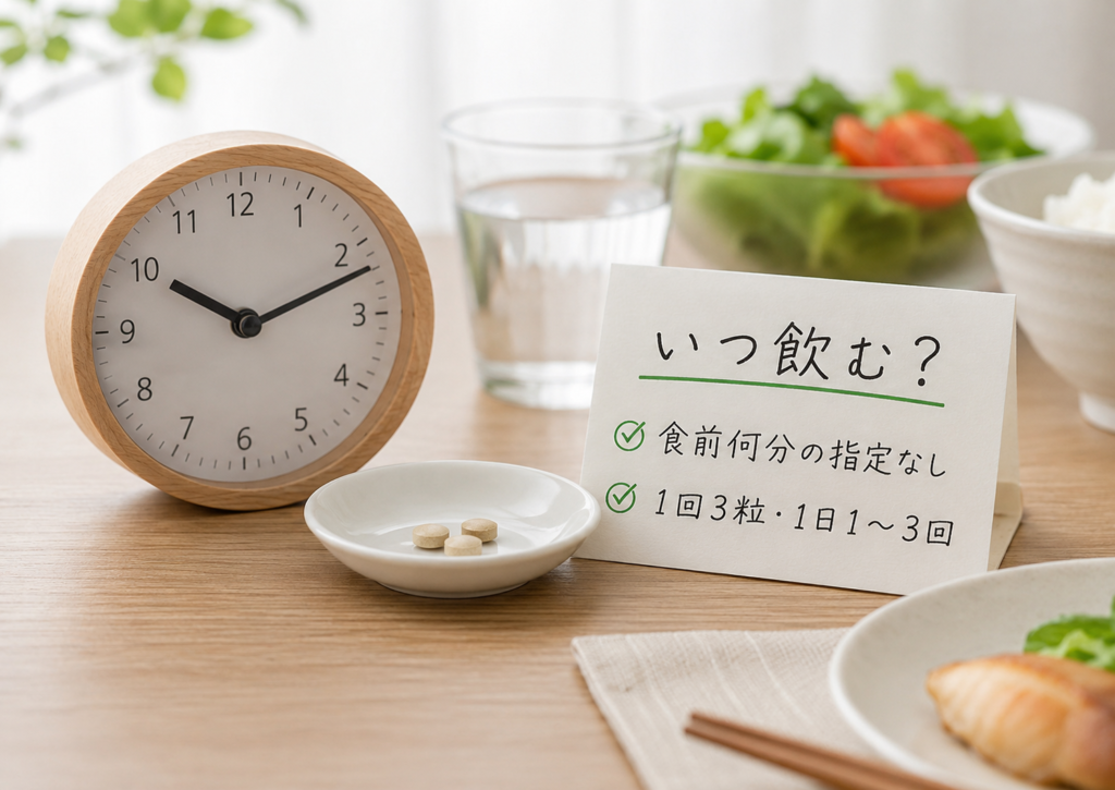 食事と時計を使ってカロリミットを飲むタイミングを示したイメージ画像