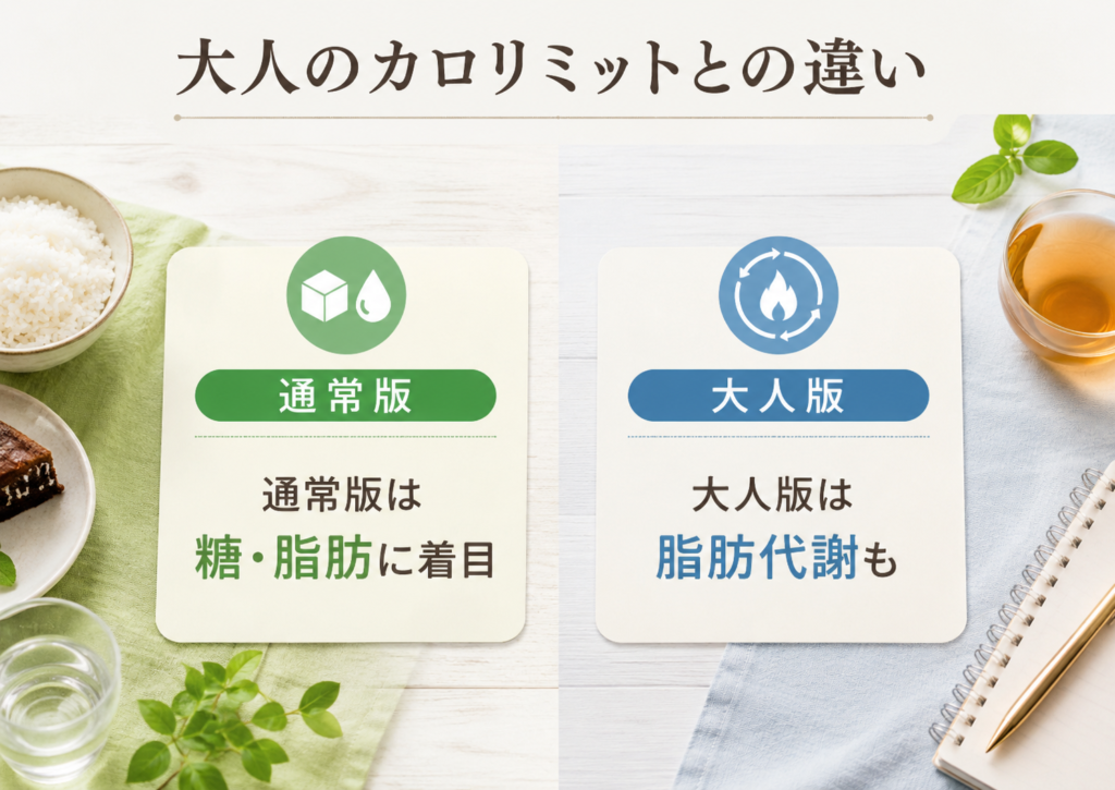 カロリミットと大人のカロリミットの違いを比較したイメージ画像