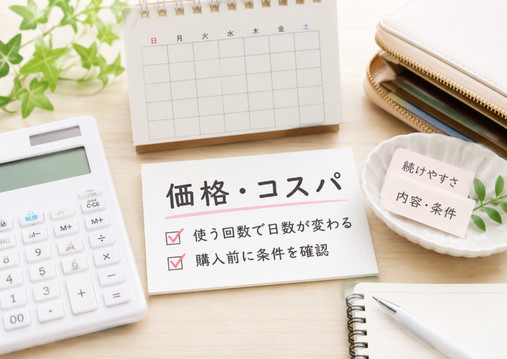 電卓やカレンダーを使ってカロリミットの価格とコスパを示したイメージ画像