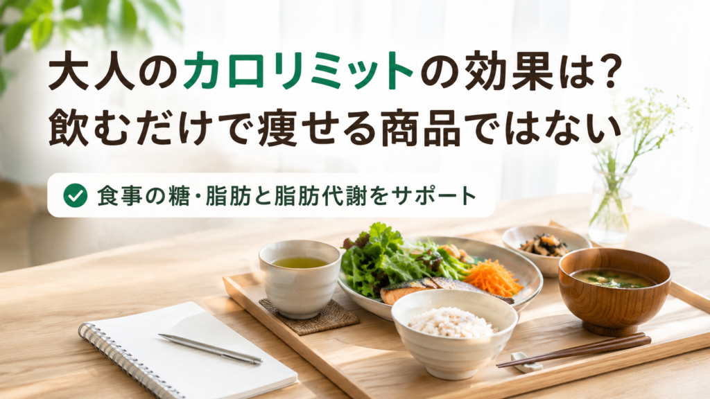 大人のカロリミットの機能と、飲むだけで痩せる商品ではないことを示す食事風景