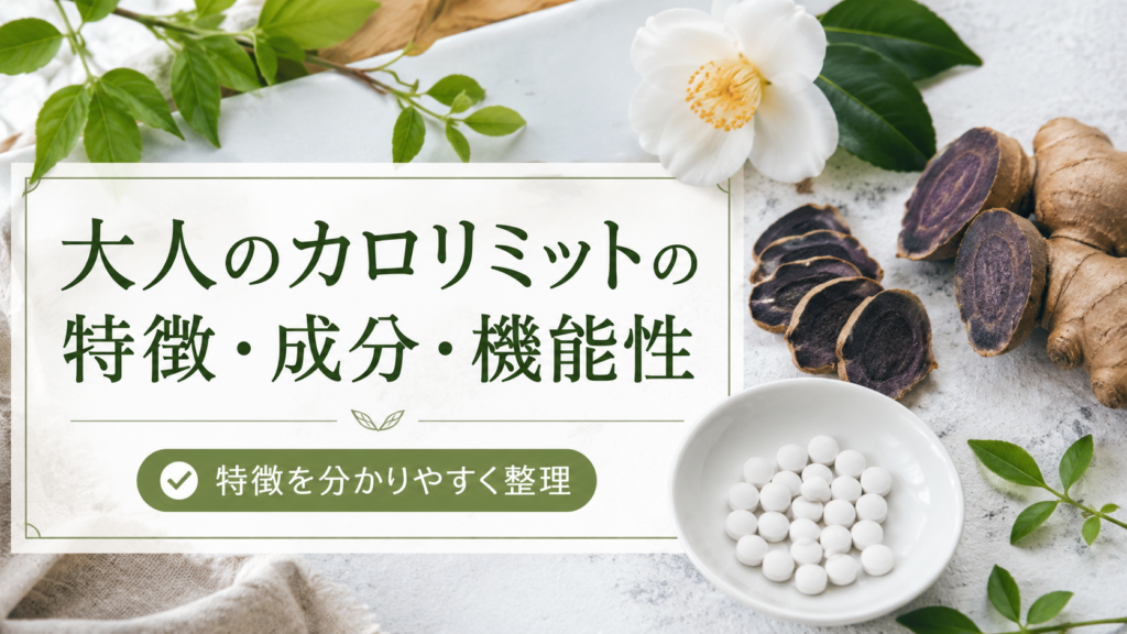 大人のカロリミットの特徴や機能性関与成分を植物とサプリメントで表したイメージ