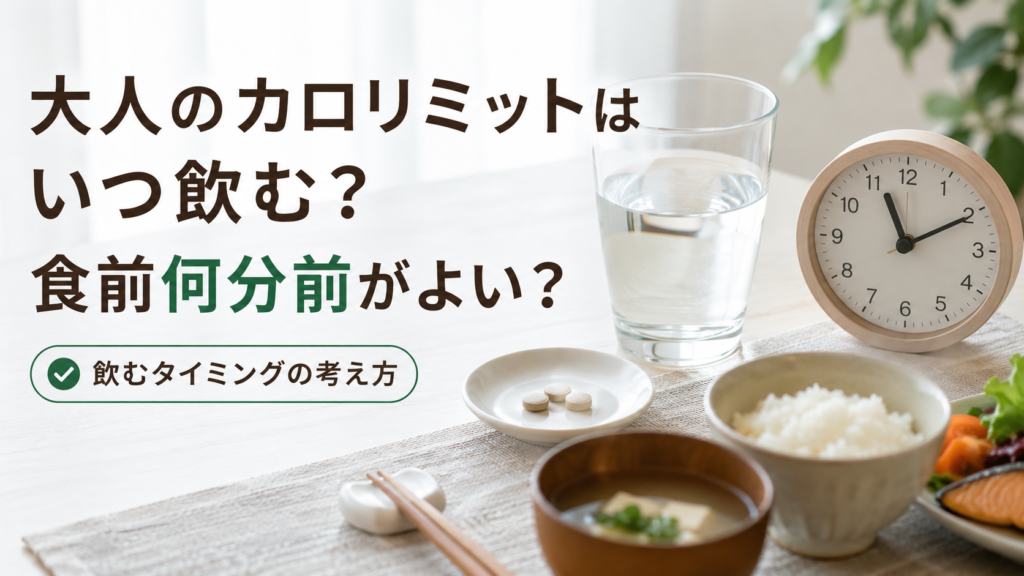 大人のカロリミットを飲むタイミングについて食事と時計、水で表したイメージ