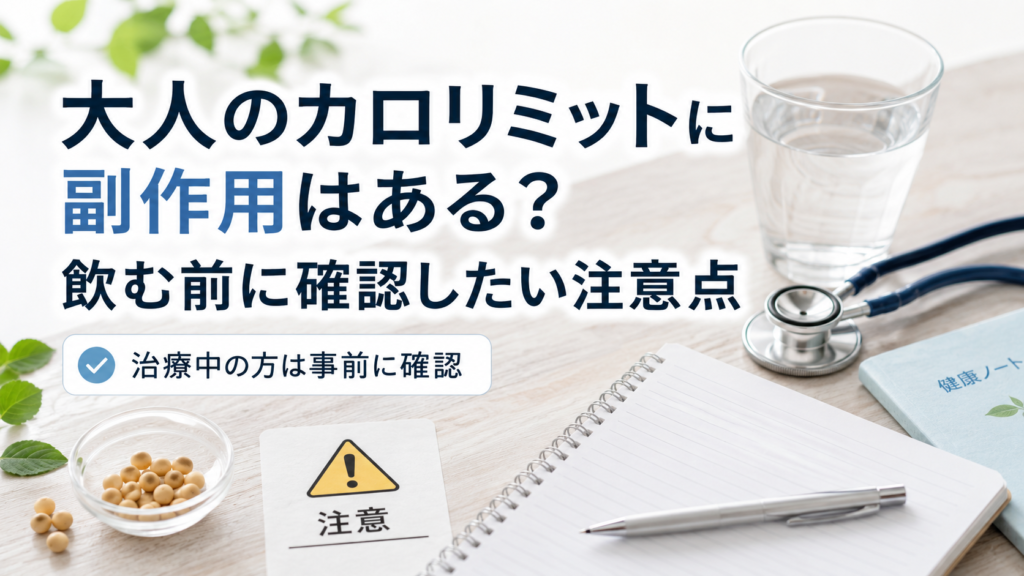 大人のカロリミットを飲む前に確認したい体調変化や治療中の注意点を表したイメージ