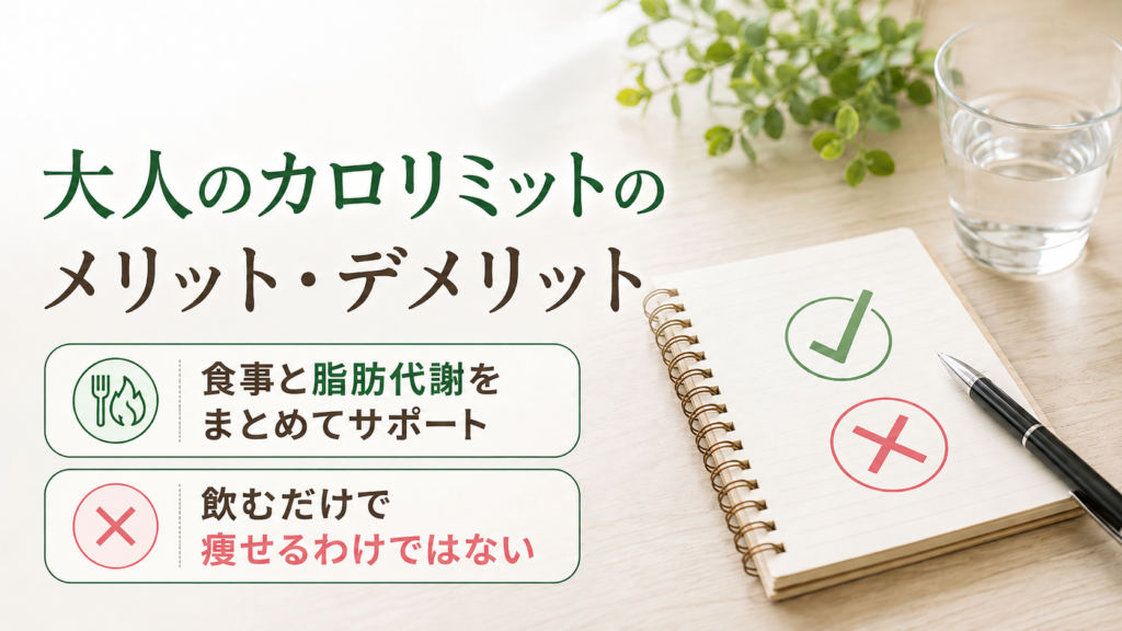 大人のカロリミットのメリットとデメリットをチェックとバツで比較したイメージ