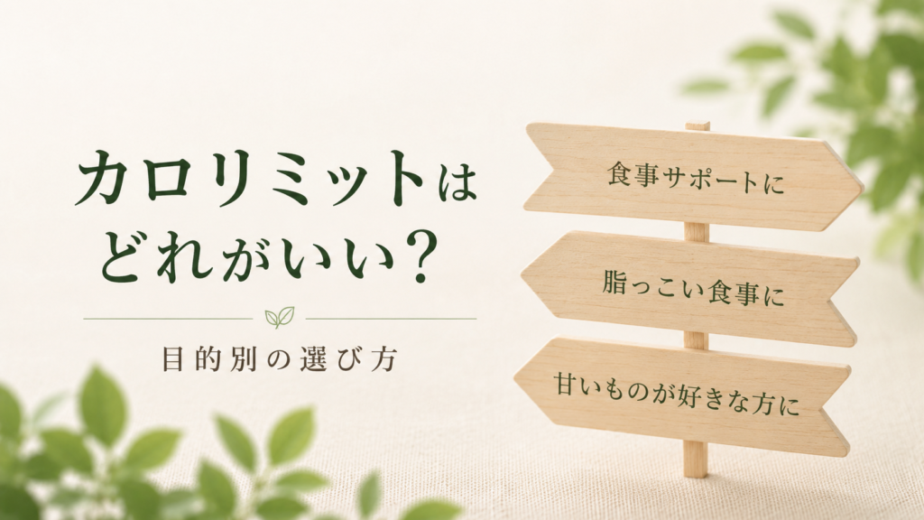 カロリミットはどれがいいかを目的別に考えるイメージ画像。木製の案内板を使い、選び方のポイントをシンプルに表現。