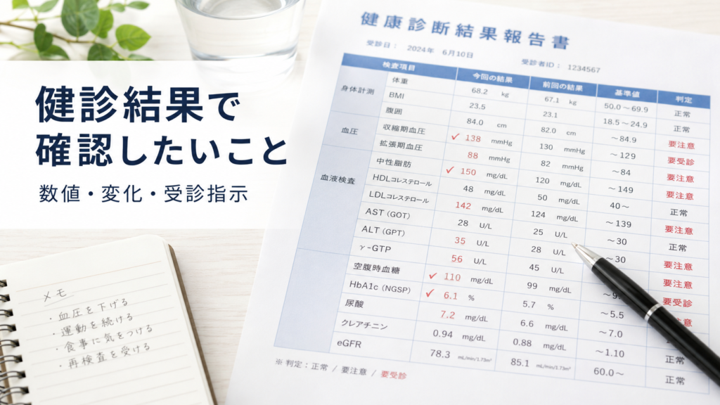 健康診断で血圧・血糖値・脂質が気になったときに確認したい数値や変化、受診指示を示したイメージ画像