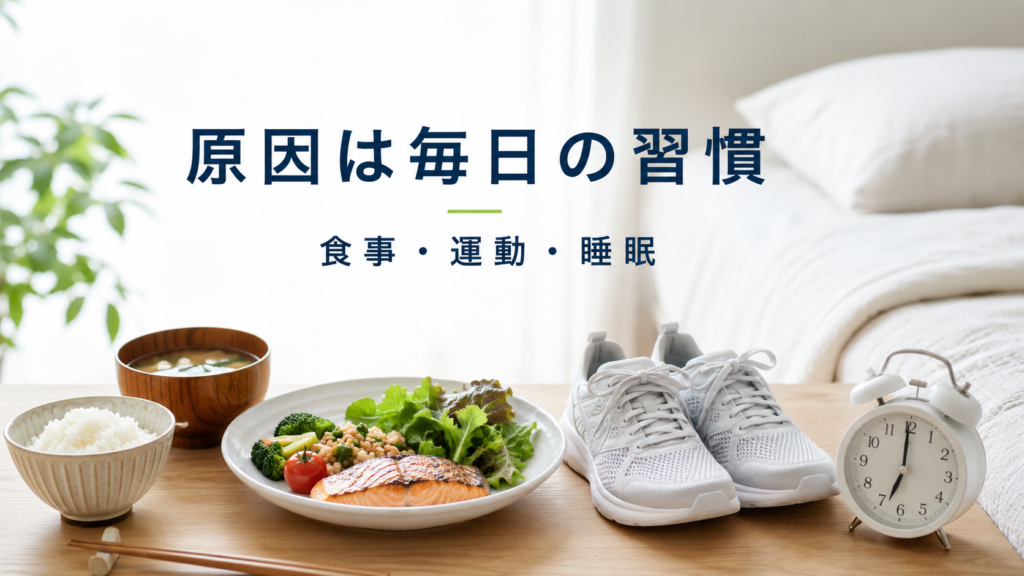 生活習慣病の原因として食事・運動・睡眠など毎日の習慣を示したイメージ画像
