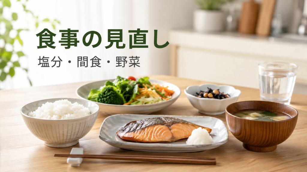 生活習慣病予防のために塩分や間食、野菜を意識する食事の見直しを示したイメージ画像