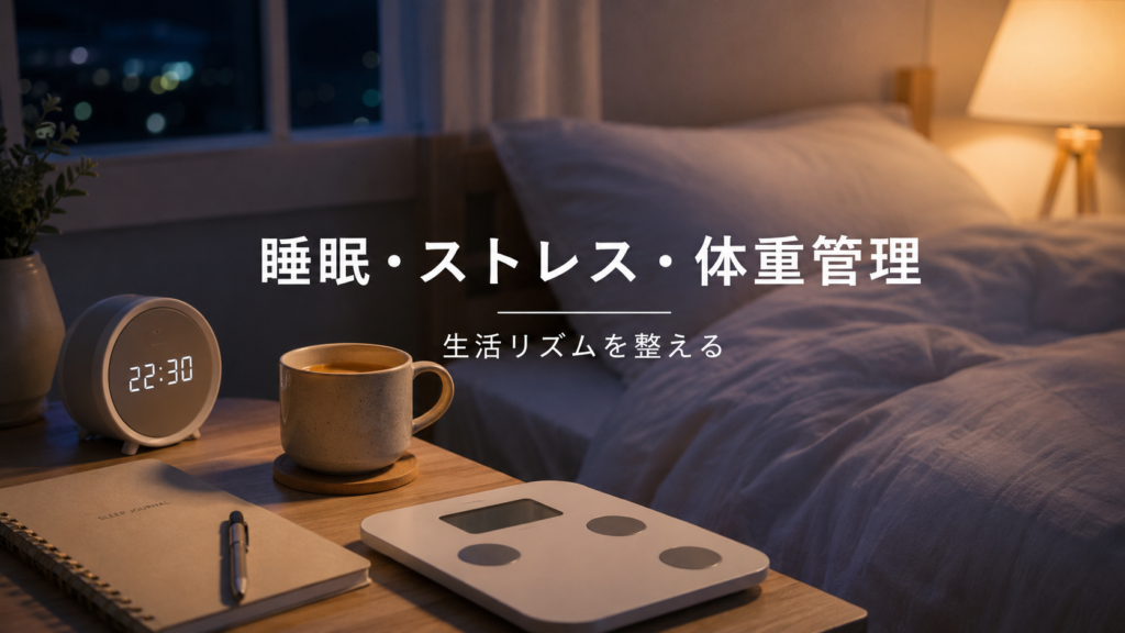 生活習慣病予防につながる睡眠・ストレス・体重管理を示したイメージ画像