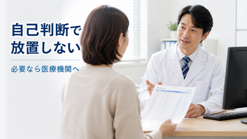 健康診断の数値が高い状態が続くときは自己判断で放置せず医療機関で相談するイメージ画像