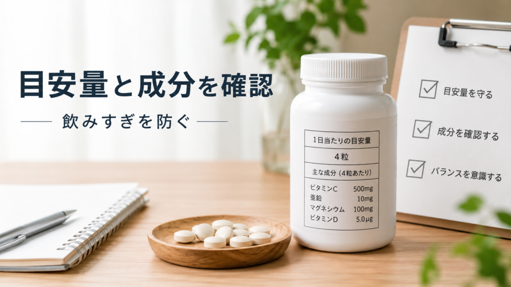 サプリの目安量と成分を確認して飲みすぎを防ぐポイントを示した画像