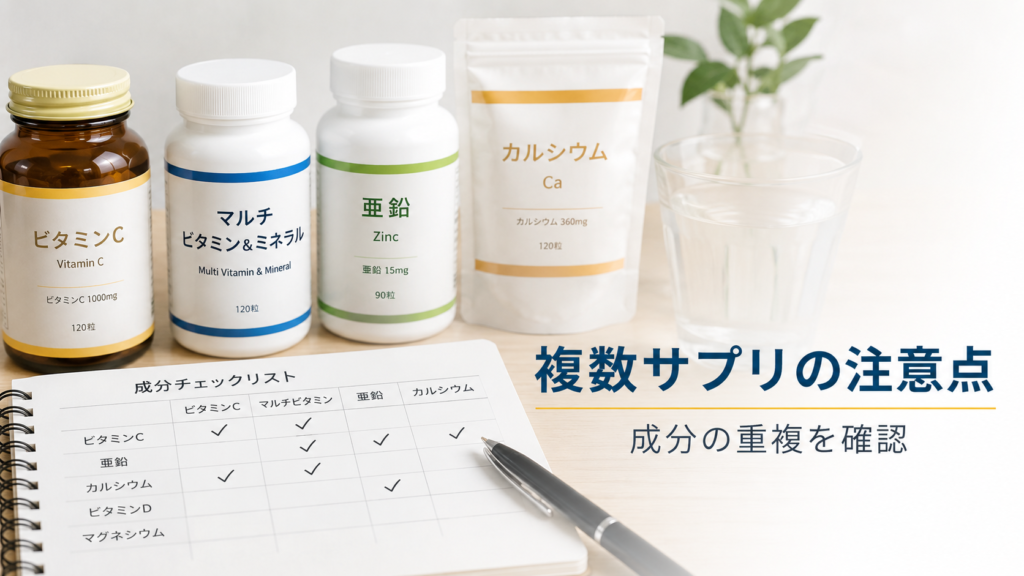 複数のサプリを使うときに成分の重複を確認するポイントを示した画像