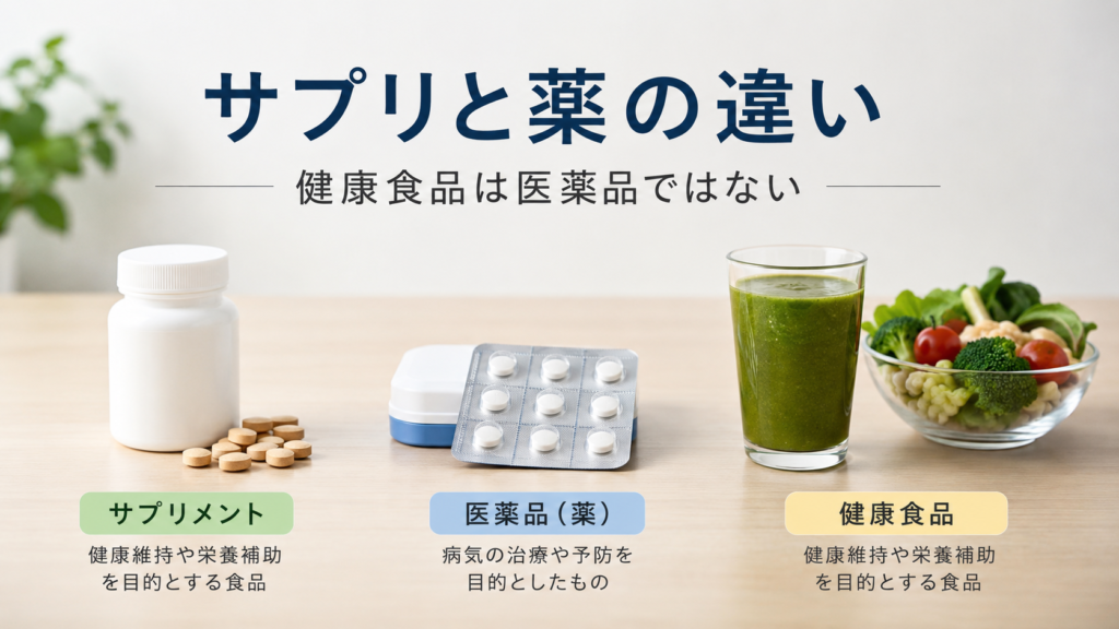健康食品やサプリと医薬品の違いを比較して説明する画像