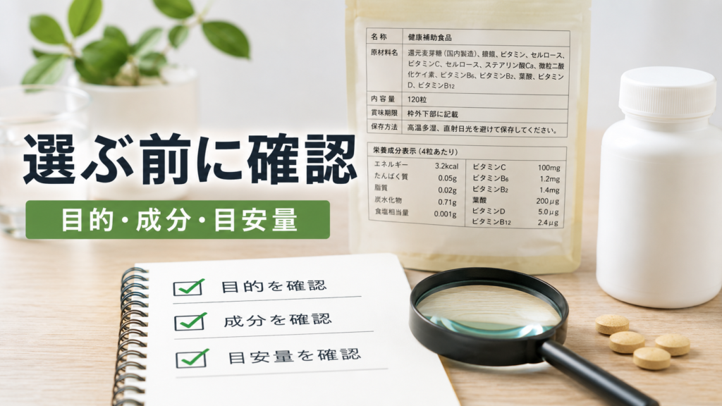 サプリや健康食品を選ぶ前に目的・成分・摂取目安量を確認する画像