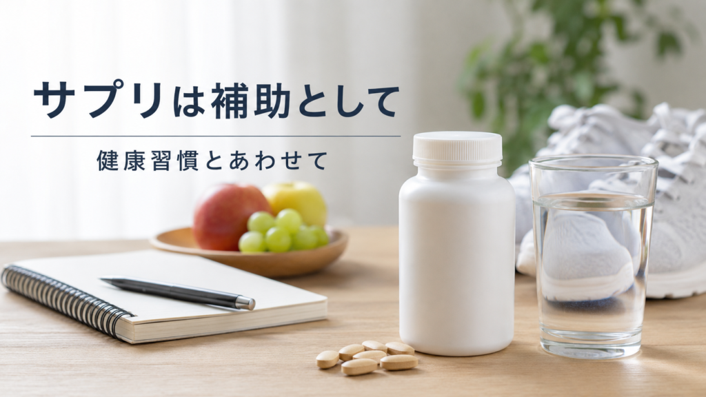 サプリを健康習慣の補助として食事や運動とあわせて取り入れるイメージ画像