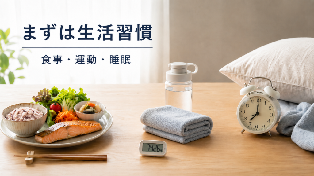 血圧・血糖値・脂質が気になる人が食事・運動・睡眠の生活習慣を見直すイメージ画像