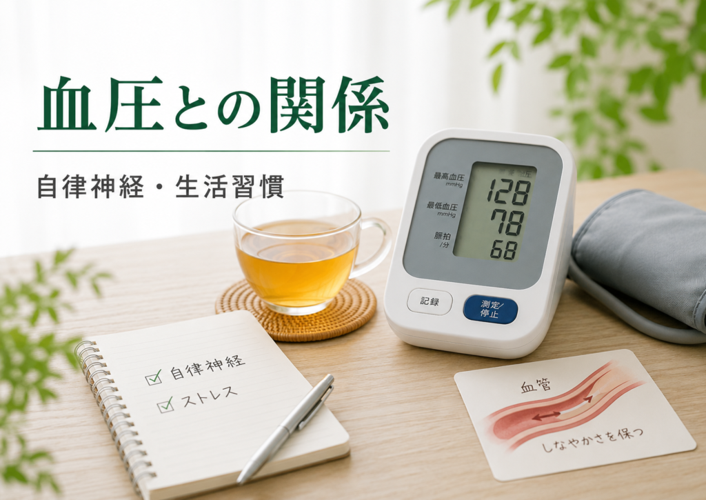 GABAと血圧、自律神経や生活習慣との関係をイメージした血圧計とメモの写真風画像