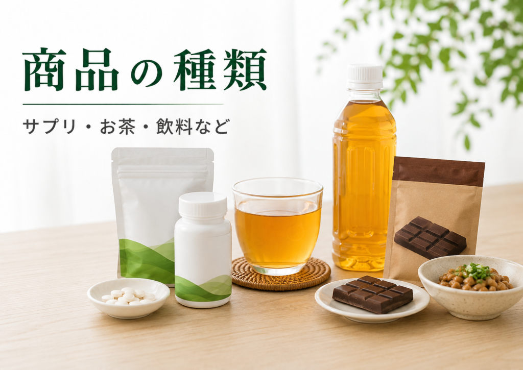 GABA配合商品の種類としてサプリ・お茶・飲料・食品を並べた写真風画像