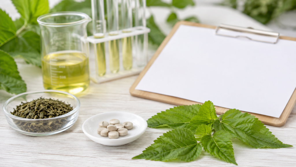 桑の葉や茶葉、サプリメントと実験器具を並べた成分・研究のイメージ