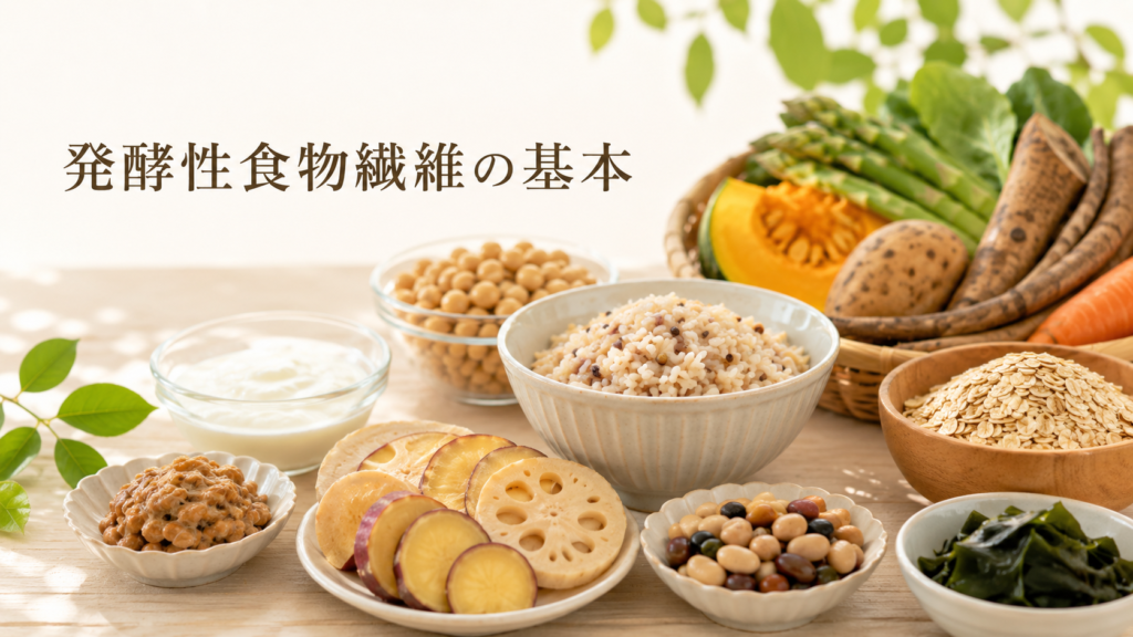 発酵性食物繊維の基本をイメージした穀類・豆類・野菜と発酵食品