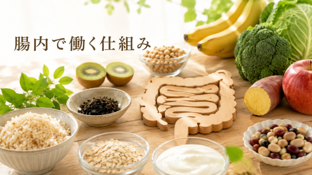 発酵性食物繊維を含む食材と腸内で働く仕組みをイメージした画像