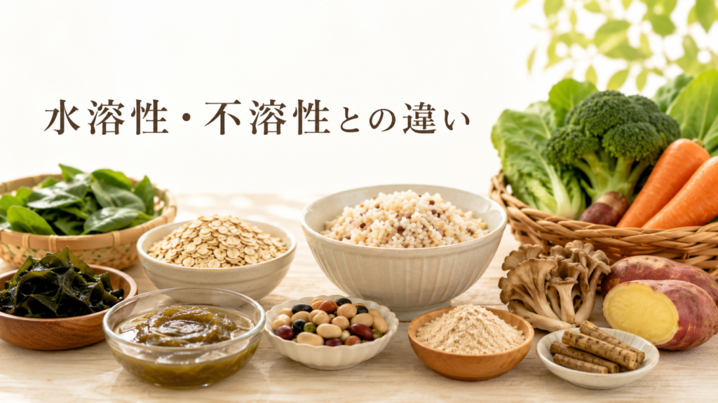 水溶性・不溶性食物繊維との違いをイメージした穀類・野菜・海藻・豆類