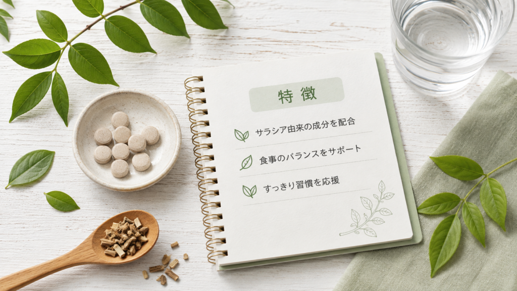 サラシア由来成分や商品の特徴をノートにまとめたイメージ