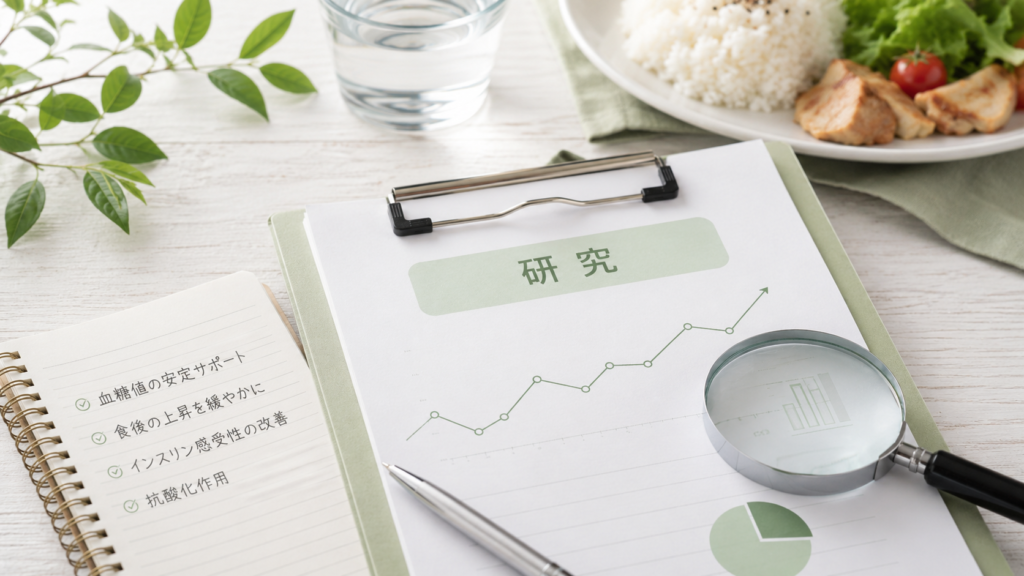 食後血糖値に関する研究データをグラフと虫眼鏡で確認するイメージ