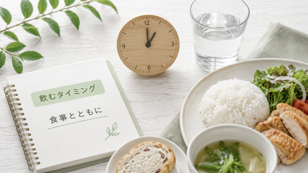 食事とともに飲むタイミングを時計と食事で示したイメージ