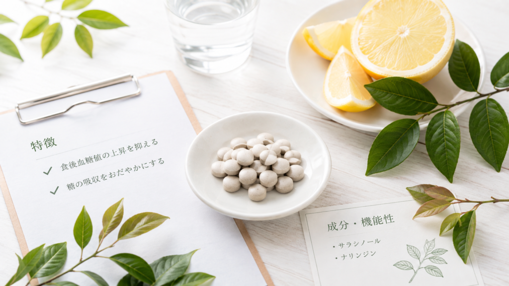 サラシア100プレミアムの特徴や機能性関与成分を表したイメージ画像