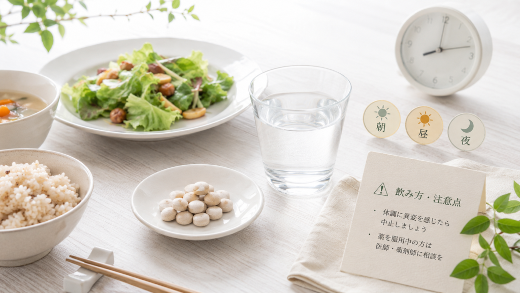 サラシア100プレミアムの飲むタイミングや注意点を表したイメージ画像