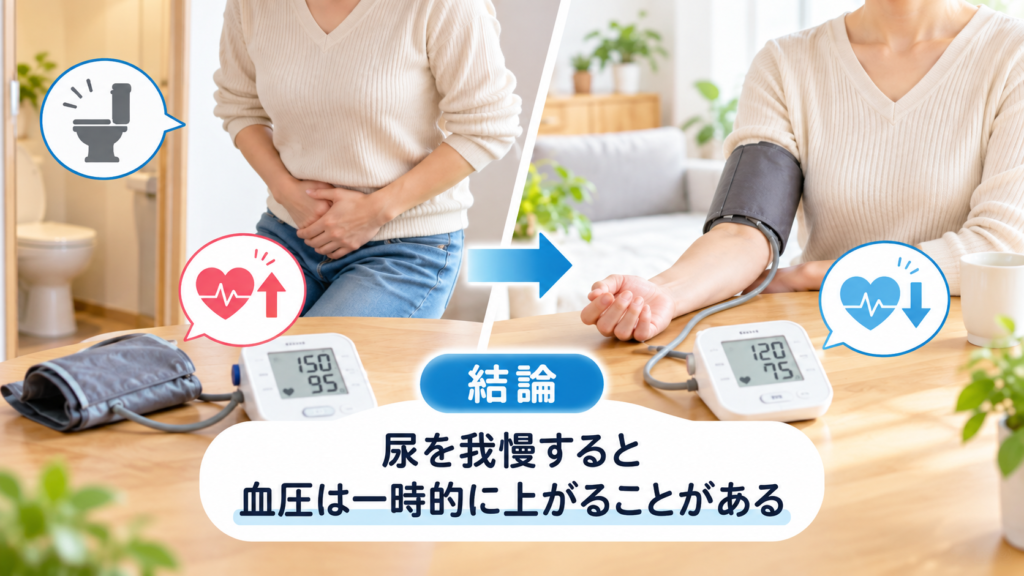 トイレを我慢した状態と排尿後の血圧を比較したイメージ