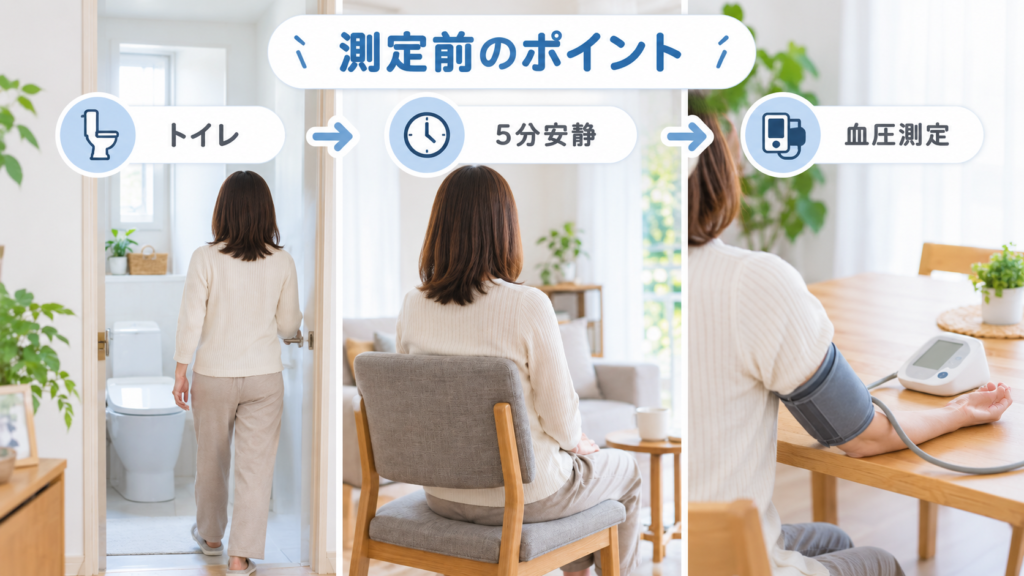 正確な血圧測定のためにトイレを済ませ5分安静にしてから測る流れ