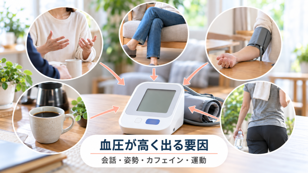 会話や足組み、カフェイン、運動など血圧が一時的に高く出る要因