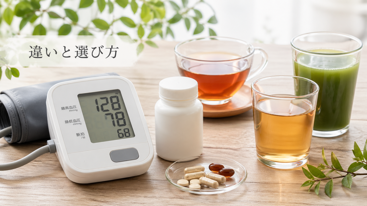 血圧が気になる人向け健康食品の違い|お茶・サプリ・酢飲料・青汁の選び方を薬剤師が解説