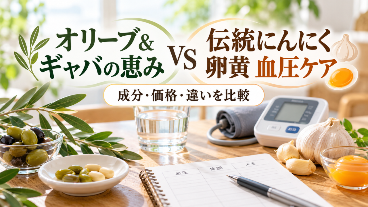 オリーブ&ギャバの恵みと伝統にんにく卵黄 血圧ケアを比較|どっちがいい?GABA量・コレステロール・価格の違い