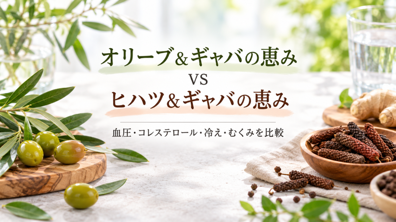 オリーブ＆ギャバの恵みとヒハツ＆ギャバの恵みを比較｜どっちがいい？血圧・コレステロール・冷え・むくみの違いを薬剤師が解説