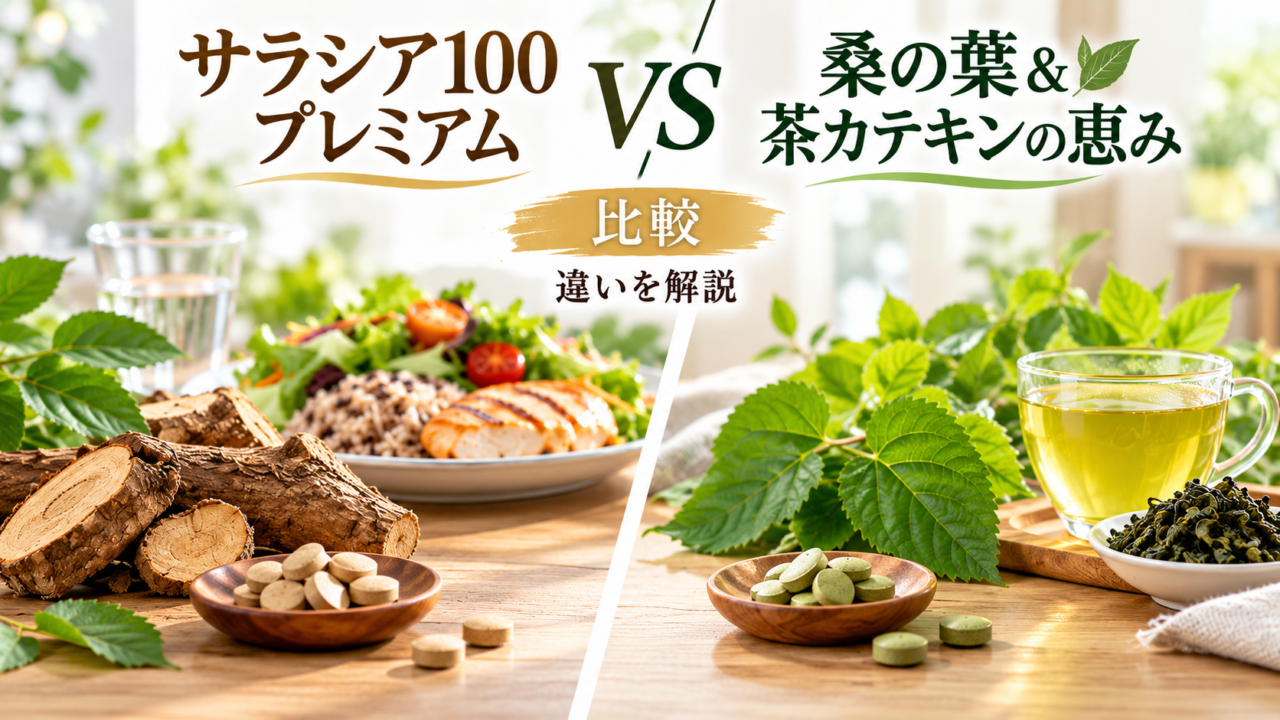 サラシア100プレミアムと桑の葉&茶カテキンの恵みを比較|HbA1c・お腹の脂肪・価格の違い