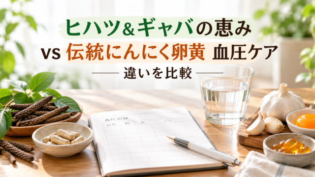 ヒハツ＆ギャバの恵みと伝統にんにく卵黄 血圧ケアを比較｜どっちがいい？GABA量・冷え・むくみ・価格の違い